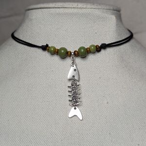 Dangling Fish Skeleton Silver Charm Necklace Ceramic Beaded Boho Hippie Choker